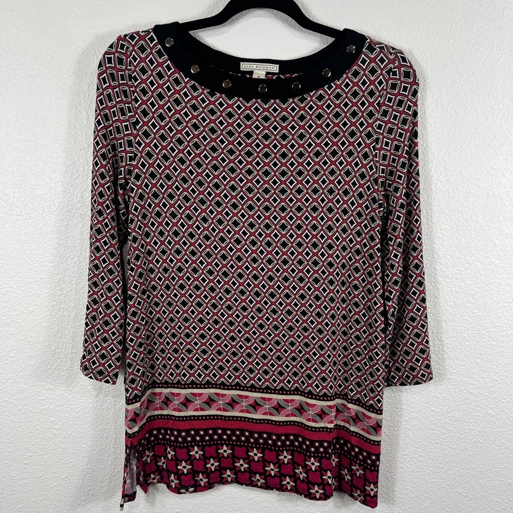 Dana Buchman Tunic Top Geometric Grommet Neck Red Black Women Size S
